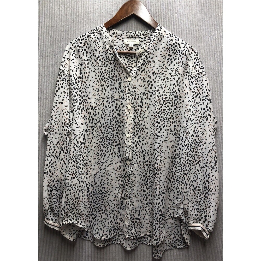 Max Studio Womens Blouse L Cheetah Dalmatian Animal Print Ruffle Accent Boho